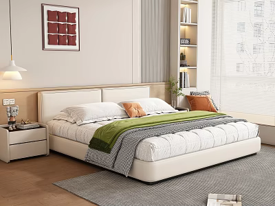Double Bed in Modern Bedroom with Bedside Table Lamp Painting Pillows Blanket Window and Rug 3d model