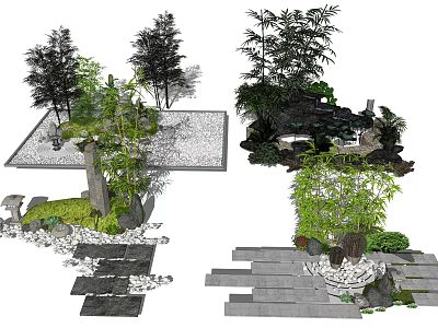Garden Ornamental Designs Featuring Trees Bamboo Stone Paths Rocks And Water Elements 3d model