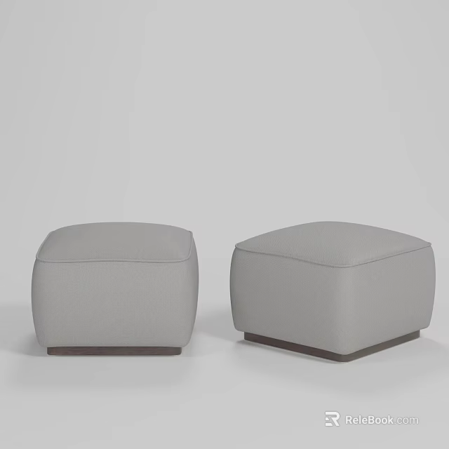 Two Gray Upholstered Square Ottomans With Dark Wooden Base For Living Space 3d model 