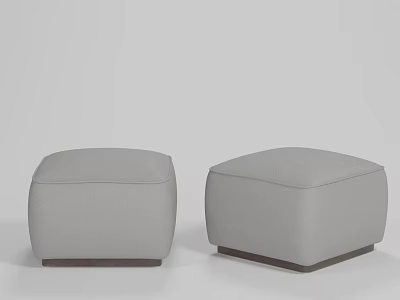Two Gray Upholstered Square Ottomans With Dark Wooden Base For Living Space 3d model
