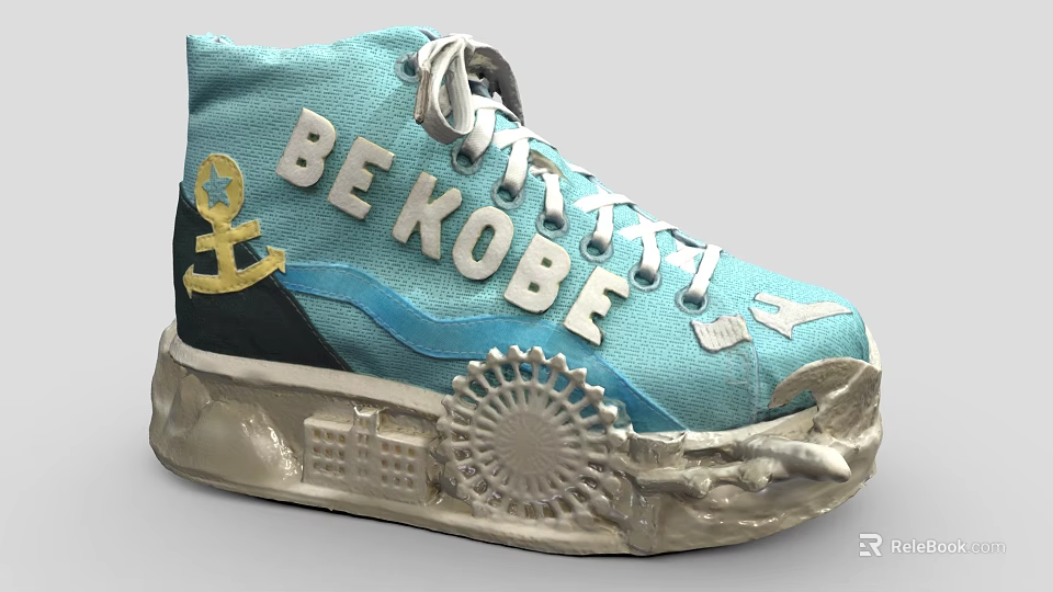 Turquoise High Top Shoes Featuring BE KOBE Lettering Gold Anchor Ferris Wheel Buildings Beige Sole 3d model 