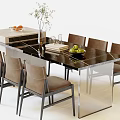 Modern Dining Table Set With Black Marble Top Six Beige Chairs Fruit Bowl And Decorative Vase