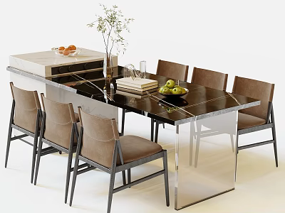 Modern Dining Table Set With Black Marble Top Six Beige Chairs Fruit Bowl And Decorative Vase 3d model
