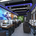 Modern Internet Cafe Interior With Game Themed Wall Murals Multiple Computers And Comfortable Chairs 3d model