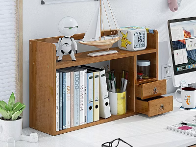 Decorative Ornament Set On Wooden Desk Shelf With Robot Figure Sailboat Model And Books 3d model