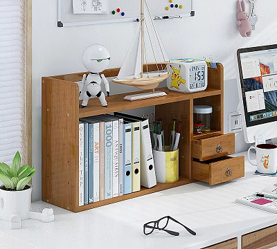 Decorative Ornament Set On Wooden Desk Shelf With Robot Figure Sailboat Model And Books 3d model