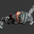 Sci Fi Game Movie Character With Silver Hair Red Gray Bodysuit And Mechanical Limbs