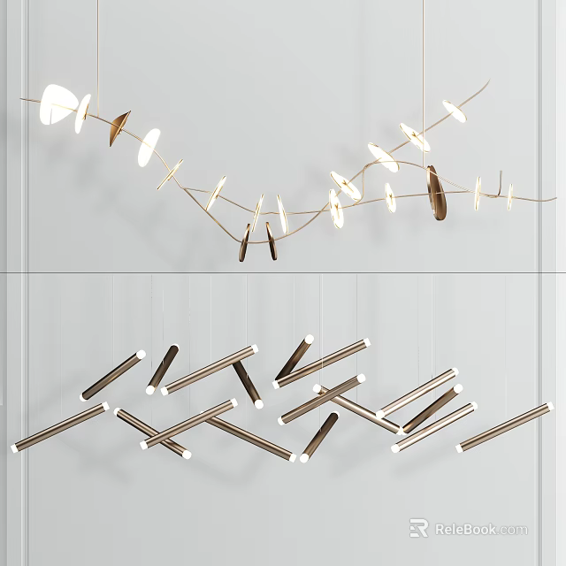 Modern Metallic Chandelier With Interlaced Long Strips And Leaf Shaped Illuminated Elements 3d model