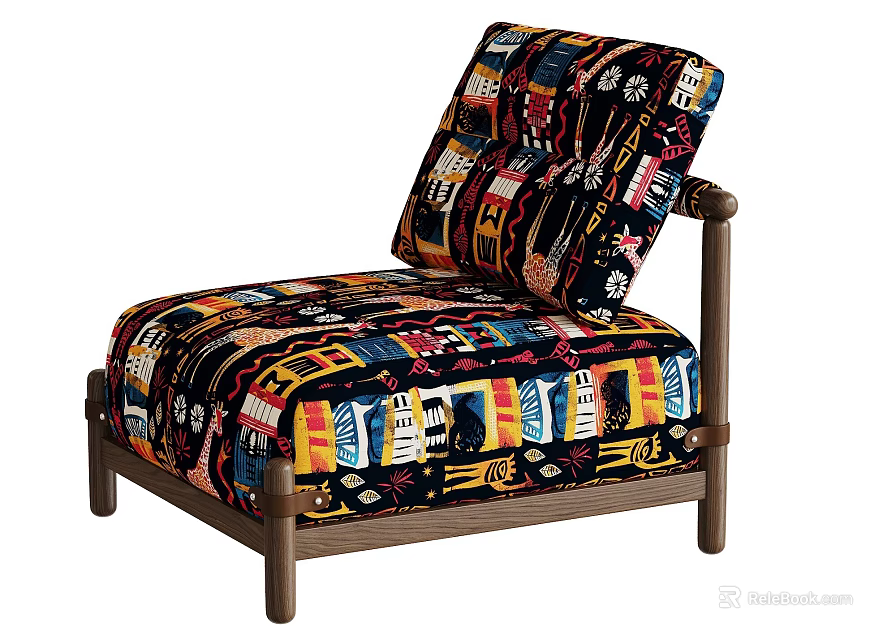 Bohemian Ethnic Printed Fabric Single Sofa With Sturdy Solid Wood Frame For Cozy Living Space 3d model 