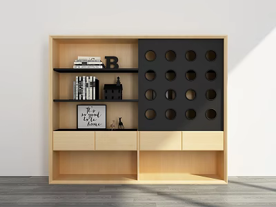 Modern Bookcase With Wooden Shelves Circular Hole Panel And Storage Drawers 3d model