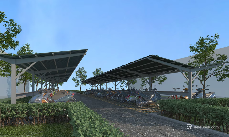 Outdoor Motorcycle Parking Area With Durable Canopy Shelter Shade And Trees Around Pathway 3d model 