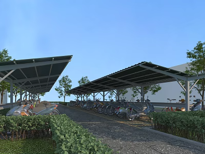 Outdoor Motorcycle Parking Area With Durable Canopy Shelter Shade And Trees Around Pathway 3d model