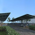 Outdoor Motorcycle Parking Area With Durable Canopy Shelter Shade And Trees Around Pathway