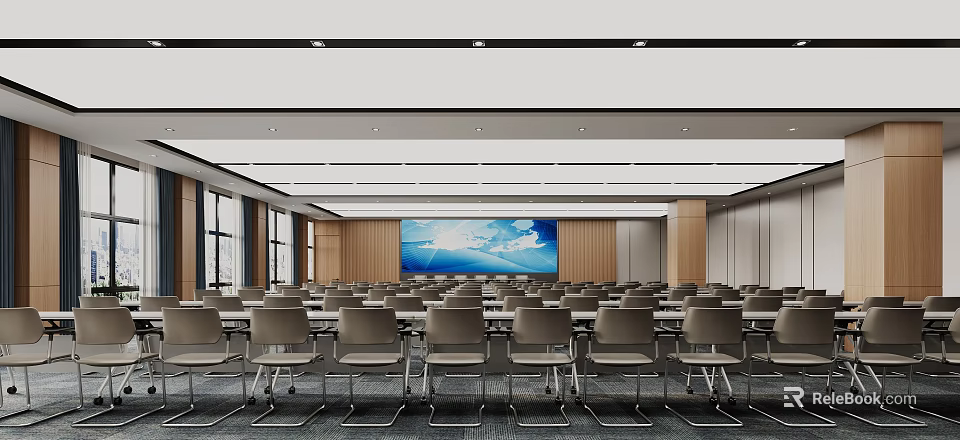 Modern Conference Room Interior With Arranged Chairs Large Screen And Wooden Walls 3d model 