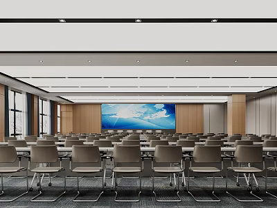 Modern Conference Room Interior With Arranged Chairs Large Screen And Wooden Walls 3d model