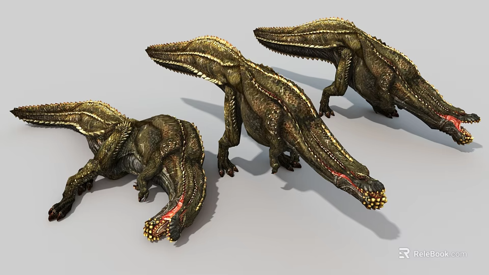 Three Game and Movie Dinosaur Characters with Scaled Body Long Snout Red Tail 3d model 