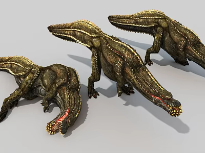 Three Game and Movie Dinosaur Characters with Scaled Body Long Snout Red Tail 3d model