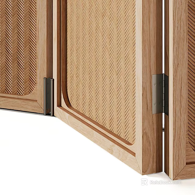 Wooden Folding Doors With Woven Pattern Panels And Metal Hinges 3d model 