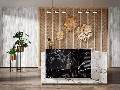 Modern Lobby Reception Desk with Marble Countertop Wooden Striped Wall and Decorative Fan Ornaments 3d model