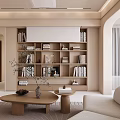 Modern Living And Dining Area With Light Sofa Coffee Table Dining Set And Bookshelves