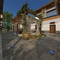 Traditional Modern Homestay Building with Tile Roof Courtyard Greenery and Wooden Elements