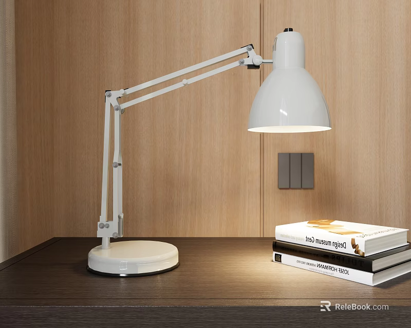 White Adjustable Desk Lamp on Dark Table with Wooden Wall and Books 3d model 