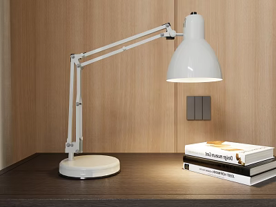 White Adjustable Desk Lamp on Dark Table with Wooden Wall and Books 3d model
