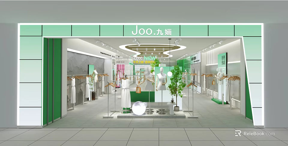 Modern Green Clothing Store Interior With Mannequins Racks And Green Plants 3d model 