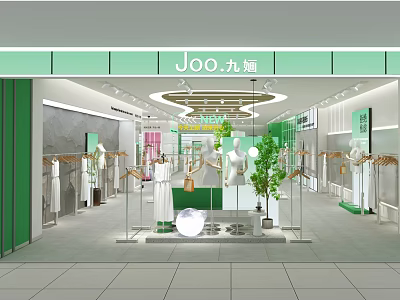 Modern Green Clothing Store Interior With Mannequins Racks And Green Plants 3d model