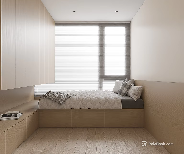 Modern Tatami Bedroom Interior Design With Wooden Storage Cabinets And Window Blinds 3d model 