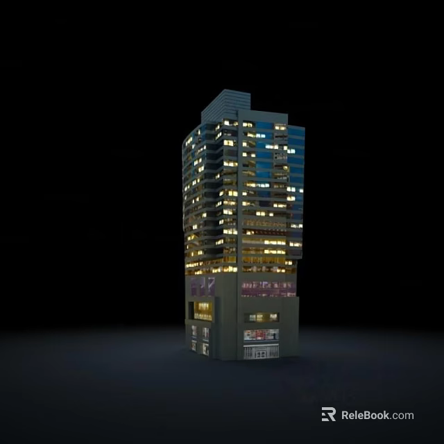 Modern High Rise Building Featuring Lit Windows At Night With Ground Floor Design 3d model 