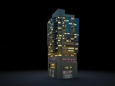 Modern High Rise Building Featuring Lit Windows At Night With Ground Floor Design 3d model