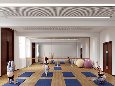 Yoga Studio With People Practicing Yoga On Mats With Exercise Balls Mirrors And Wooden Floors 3d model