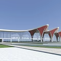Modern Railway Station Exterior With Red And White Wavy Roof And Plaza Steps