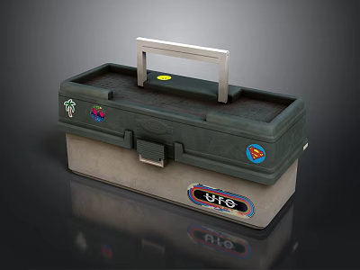 Green and Silver Toolbox with Silver Handle Featuring Stickers Including Superman Logo and GKO Label 3d model