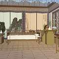 Ancient Chinese Architecture Interior Featuring Wooden Structure Carved Decorations Blue Curtains Round Table And Chairs