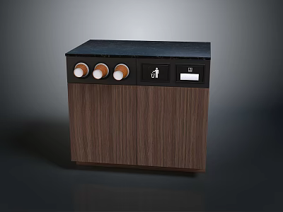 Functional Wooden Cabinet With Dark Countertop Circular Metal Knobs Indicator Icon And Digital 3d model
