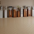 Decorative Ornaments Arrangement On Various Material Cabinets With Beige Wall Wooden Floor And Hanging Lamp