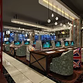 Modern Internet Cafe Interior With Multiple Computer Screens Comfortable Armchairs And Hanging Lights 3d model