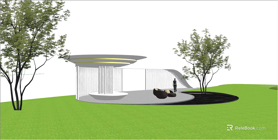 Modern Pergola Design With Curved Roof White Structure Green Lawn And Trees 3d model 