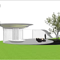 Modern Pergola Design With Curved Roof White Structure Green Lawn And Trees