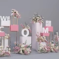 Event Entrance With Pink White Flowers Welcome Home Letter Decorations And Cube Structures