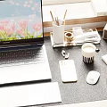 Modern Desk And Office Chair Setup With Laptop Tulips Lamp Stationery Blinds On Wood Floor