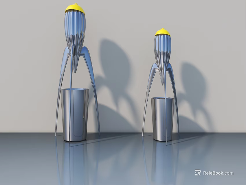 Two Modern Garden Ornaments With Silver Metal Structure And Yellow Top On Sleek Surface 3d model 