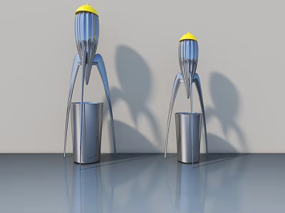 Two Modern Garden Ornaments With Silver Metal Structure And Yellow Top On Sleek Surface 3d model