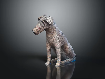 Dog Sculpture Crafted with Textured Material in Sitting Pose on Black Surface with Reflection 3d model