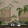 Palm and Bamboo Plants with Bamboo Screen Lattice Background Stones Tea Set on Wooden Floor
