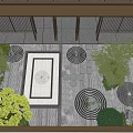 Courtyard Garden Design With Circular Patterned Flooring Various Trees Stones And Stone Walls
