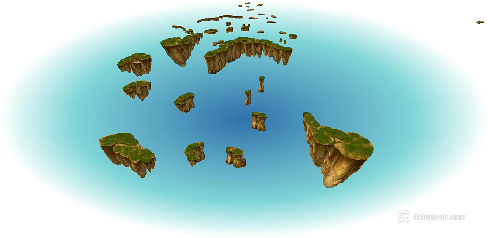 Scenic Floating Islands With Lush Green Vegetation And Blue Sky Background 3d model 