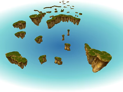 Scenic Floating Islands With Lush Green Vegetation And Blue Sky Background 3d model